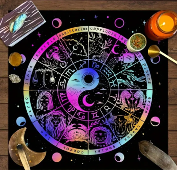 Alternativtext für Bilder: Tarot Decke Ying und Yang mit 12 Sternzeichen 75cm – Spirituelle Tarot-Unterlage von Manoja-Esoterik